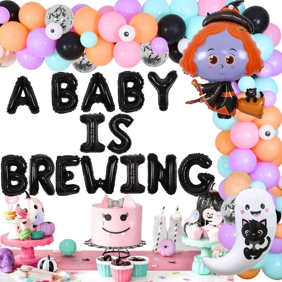 Halloween Baby Shower Decorations for Girls - A Baby is Brewing Pastel Macaron Balloon Garland Arch Kit Witch Ghost Foil Balloon Pregnancy Announcement Gender Reveal Party Supplies