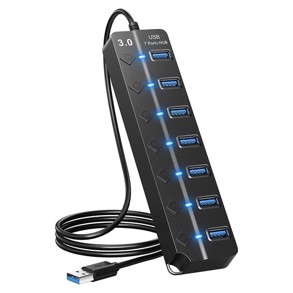 7 Puertos USB Hub Splitter Multi Hub USB 3.0 Adapter USB Varios Puertos Adaptador de Corriente con Interruptores y Luces