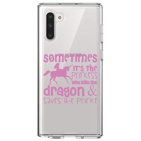 DistinctInk Clear Shockproof Hybrid Case for Samsung Galaxy Note 10 (6.3" Screen) - TPU Bumper Acrylic Back Tempered Glass Screen Protector - Sometimes It's the Princess Who Kills the Dragon