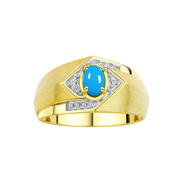 RYLOS Mens Rings 14K Yellow Gold Ring 6X4MM Oval Shape Gemstone & Diamond Ring Turquoise December Birthstone Rings For Man Gold Rings Size 13