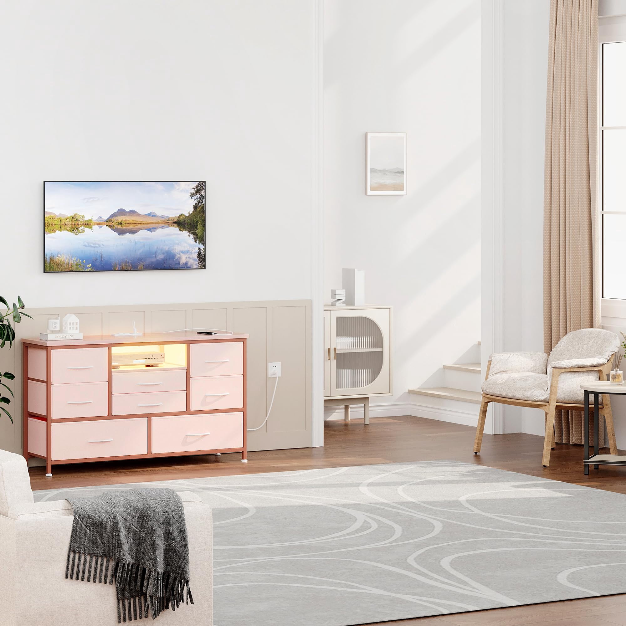 TROPOW Tv Stands for Living Room,8-Drawer Storage Cabinet TV Cabinet for 55-Inch TV Entertainment Center with Adjustable LED Lights, with Electrical Outlets and Cords-Pink