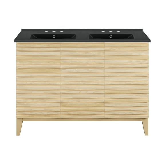 Cascade 48 in. Natural Oak, Double Basin Bathroom Vanity With Black, 3-Hole Ceramic Sink Top