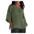 thumbnail image 1 of CHOK Chemises en Coton et Lin à Manches 3/4 pour Femmes, Blouses Décontractées à Col Rond, Coupe Ample, T-Shirts d'Été, 1 of 4