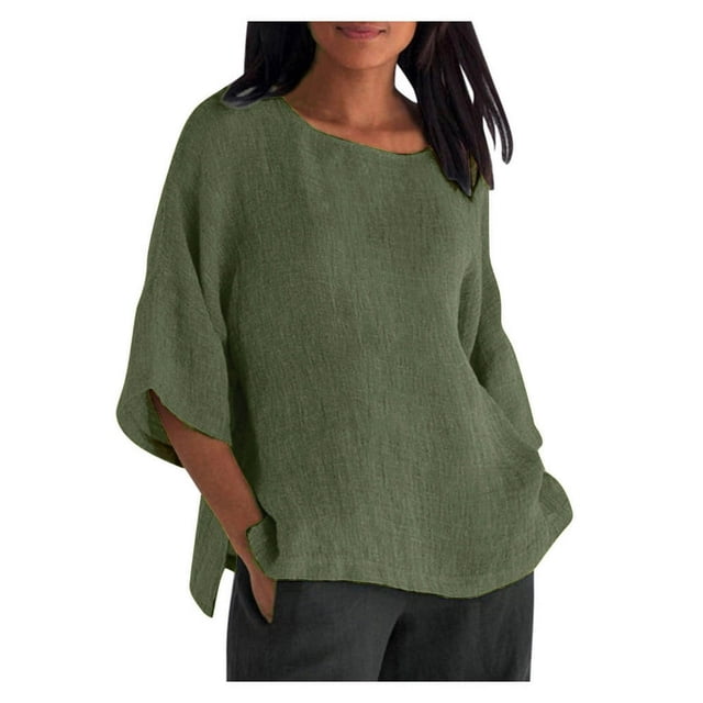 CHOK Chemises en Coton et Lin à Manches 3/4 pour Femmes, Blouses Décontractées à Col Rond, Coupe Ample, T-Shirts d'Été