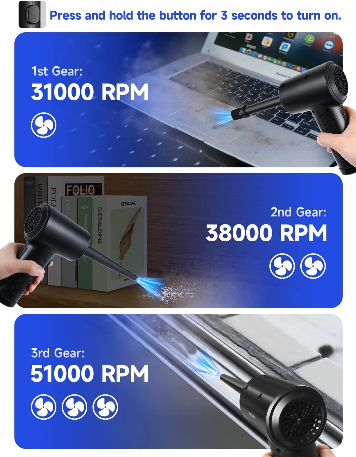 Compressed Air Duster 51000 RPM 3 Speed, Electric Air Duster Portable with LED Light, 6000mAh Rechargeable Cordless Air Blower Fast Charge for Computer Keyboard Black