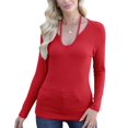 thumbnail image 3 of Womens Fall Clothes Long Sleeve Shirts Halter U Neck Ribbed Knit Slim Fitted Basic Casual Tops Red S, 3 of 9