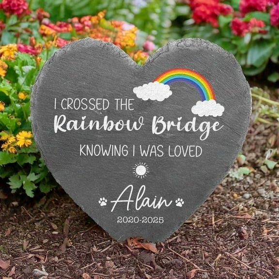 Pet Memorial Stone Garden – "Crossed The Rainbow Bridge" Memorial, Dog & Cat Loss Sympathy Gift, Outdoor Pet Cemetery Marker & Garden Stepping Stone