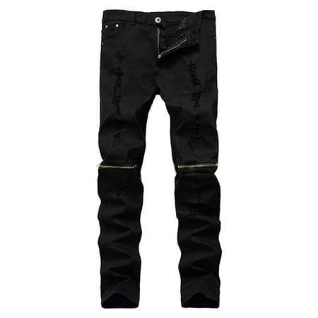 Men's Skinny Ripped Distressed Destroyed slim fit jeans Zipper Jeans ...