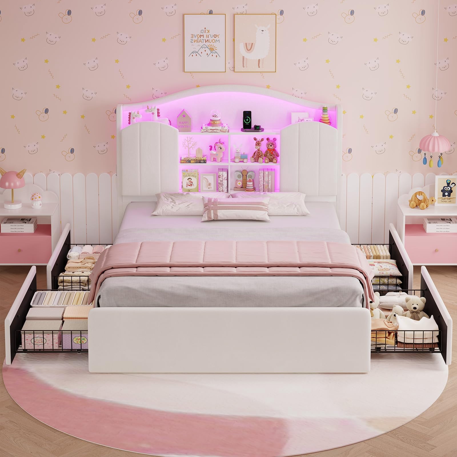 Afuhokles Velvet Upholstered Full Size Bed Frame with 4 Drawers and Hidden Storage Headboard, LED Lights and Charging Station,White