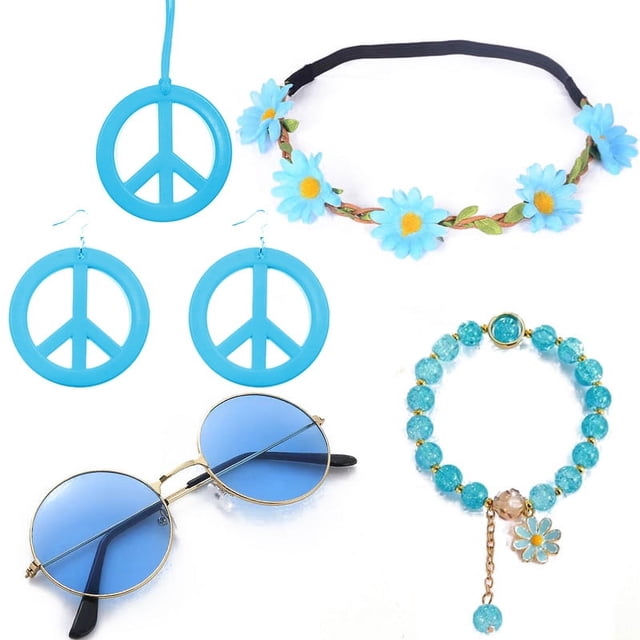Traje de hippie de Halloween, gafas, pendientes, collar, tocado, collar con el logo de la paz