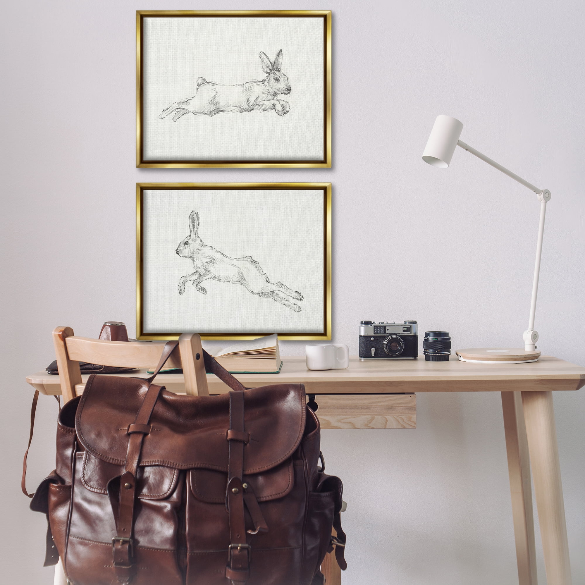 Stupell Industries Pencil Sketch Rabbit Jumping Animals Drawing Gold Floater Framed Canvas Art Print Wall Art, 31 x 25, Set of 2