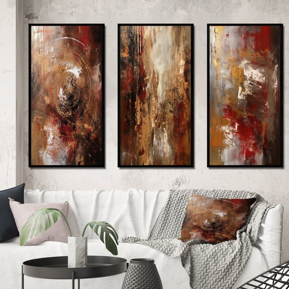 Designart "Ancient Revelations Gold and Red Abstract III" Abstract Painting Framed Wall Art Set Of 3 - Gold Modern Frame Canvas Set For Living Room Decor