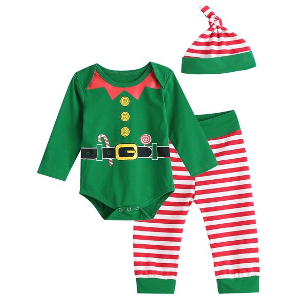 Aslaylme Baby Boy Christmas Outfit Xmas Clothes Elf Bodysuit (Green,6-12 Months)