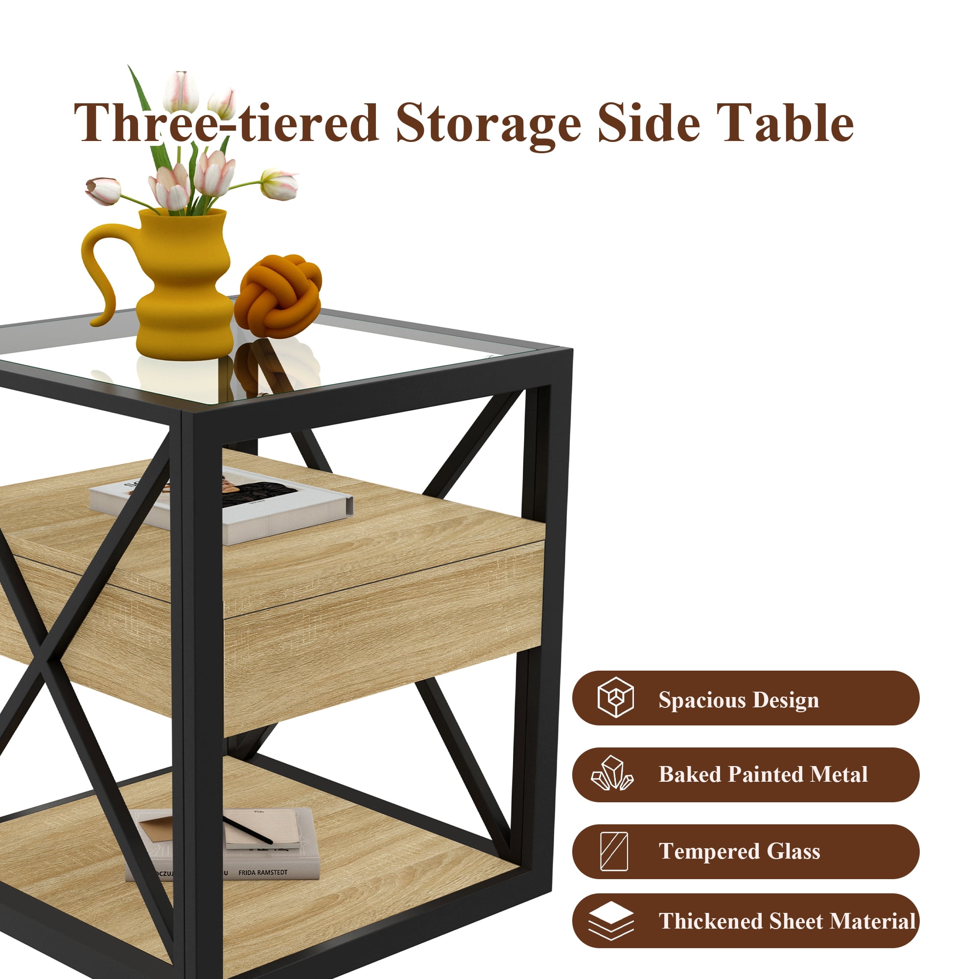 Industrial End Table with Drawer, Modern Side Table or Nightstand with Tempered Glass Top and Sturdy Metal X-Frame, Natural Wood MDF, 3-Tier Storage