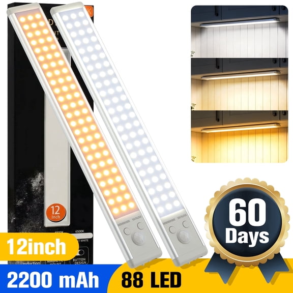 YTAKY Under Cabinet Lighting 12 inches, 88 LED, USB Rechargeable Closet Lighting kit with Motion Sensor and Magnetic Strip for Wardrobe, Kitchen Wireless Lighting,2 Pack