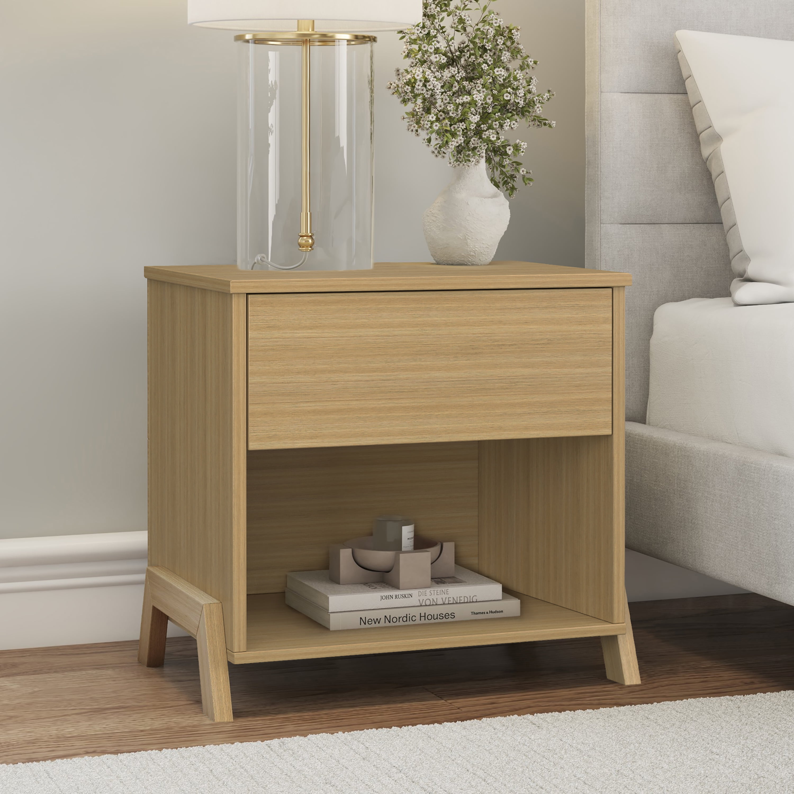 Mainstays Modern 1 Drawer Nightstand, Natural Teak