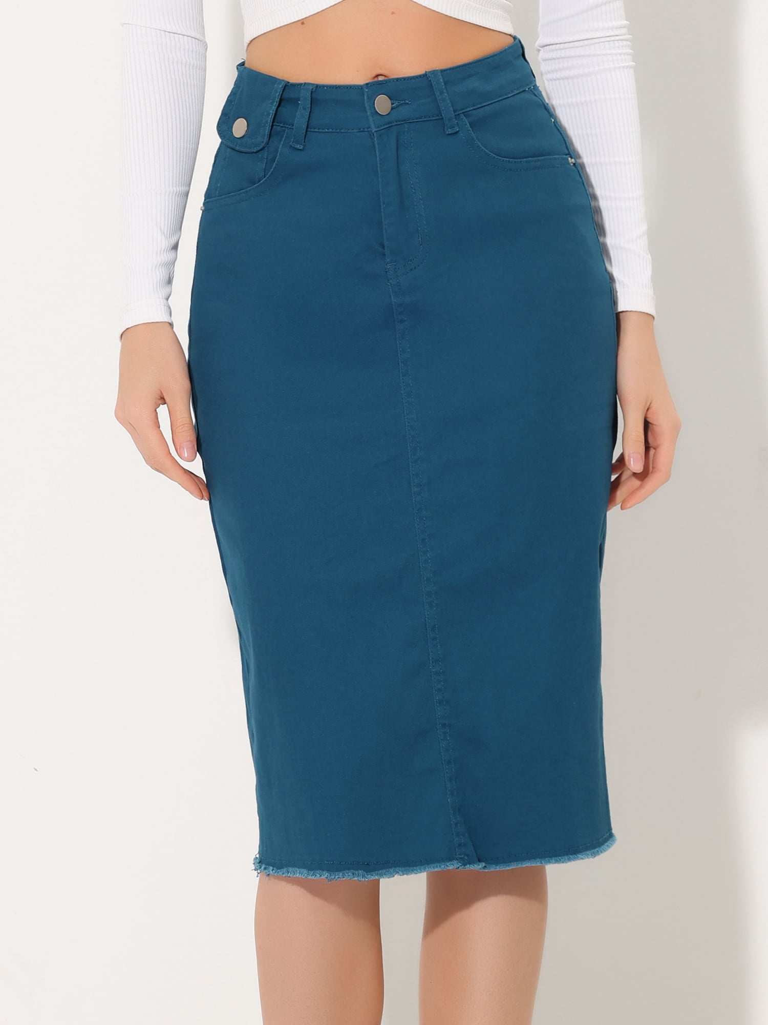 DARING DIVA Women's Jean Back Vent Midi Length Denim Skirts M Peacock Blue