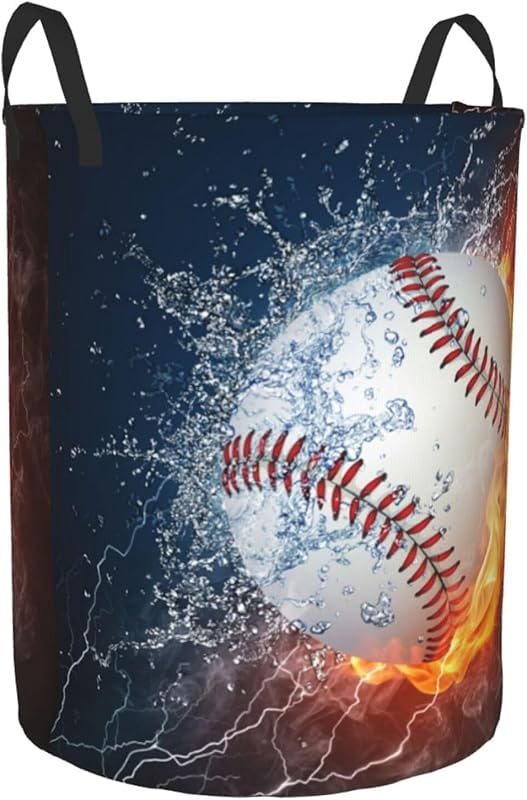 Sport Baseball Ball In Fire And Water Round Laundry Hamper Storage Basket Toys Clothes Organizer Bin For Home Bathroom Bedroom Dorm Nursery