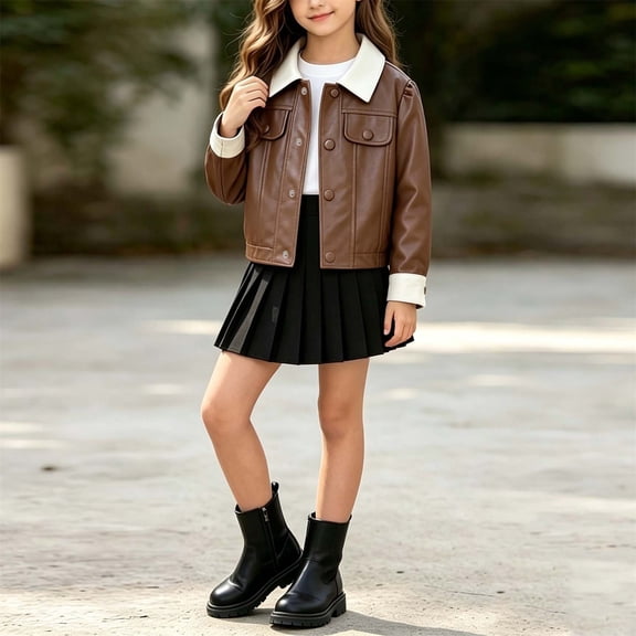 Xdegoge Girls Contrast Collar Faux Leather Jacket Button Down Outerwear Long Sleeve Fall Winter Warm Coat with Pockets Vintage Kids Casual Fashion Tops