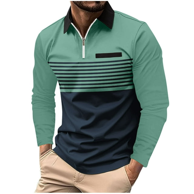 Penkiiy Chemises de Golf pour Hommes Manches Longues Col Chemise de Tennis T-Shirt de Travail à Rayures Color Block 3TG Vert Armée
