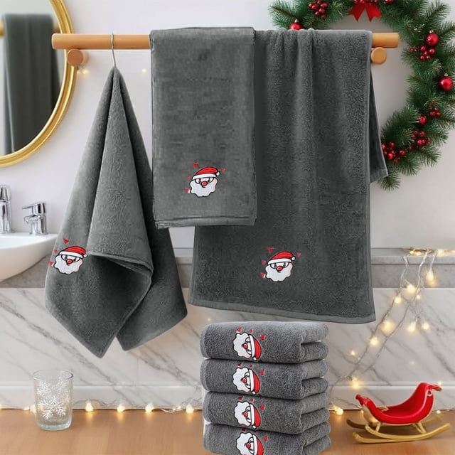 Christmas Themed Embroidered Cotton Towels Set, Holiday Bath Towel Collection for Home Decor, Soft Absorbent Quick Dry Kitchen Hand Towels, Festive Spa Luxury Bathroom Towel Set for Adults