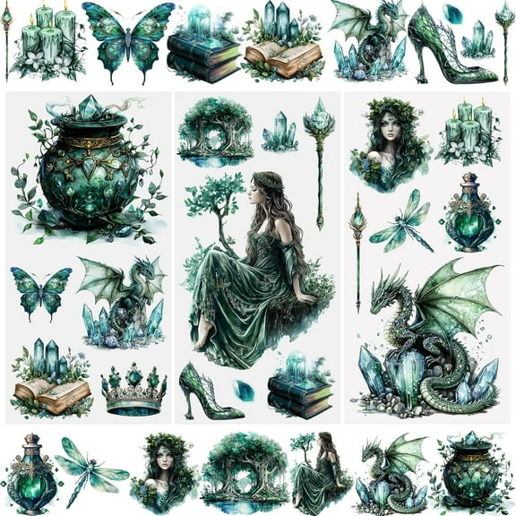 3 Sheets Rub On Transfer Stickers, Retro Fantasy Theme Waterproof Decals Furniture Craft Decorative, Junk Journals for DIY Scrapbooking, 15 * 30cm