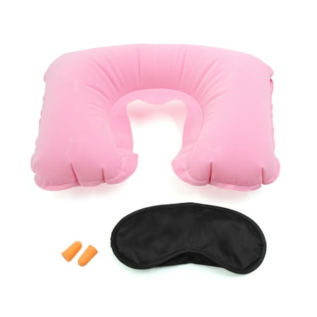 Unique Bargains 3 In 1 Pink Travel Set Neck Air Pillow Eyes Mask Earplug Comfortable Trip Kit