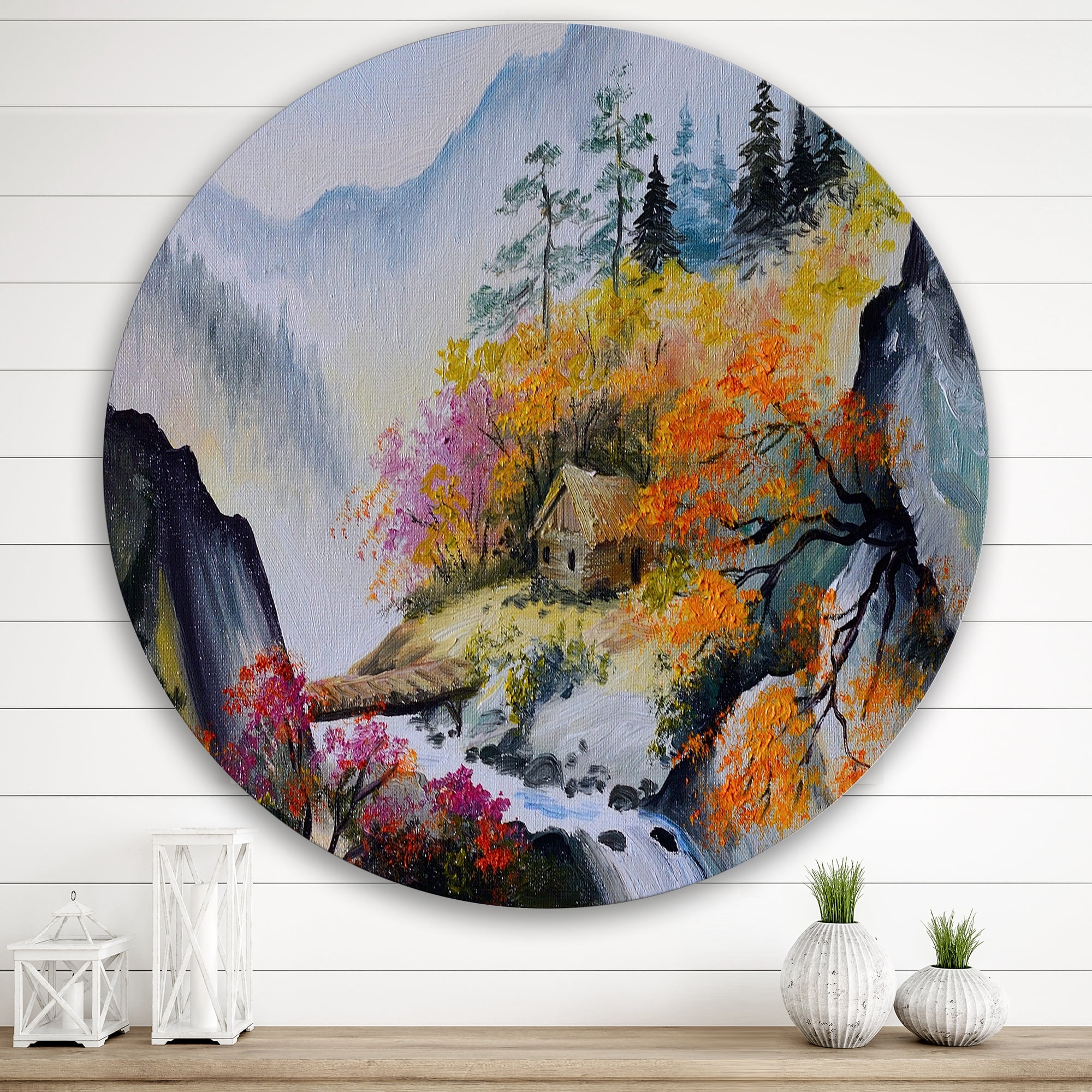 Designart 'VIbrant Mountain Landscape With Little House' Traditional Circle Metal Wall Art 36x36 - Disc of 36