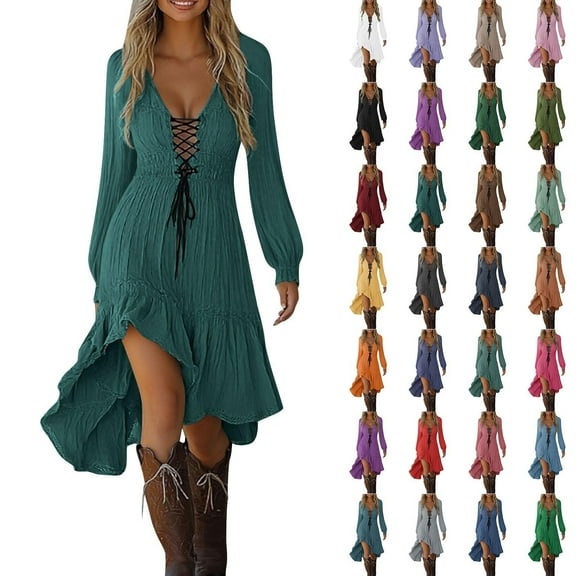 Kilaqueen Flowy Halloween Dresses for Women Fashion V Neck Drawstring Midi Dresses Long Sleeve Gothic Dresses Ruched Irregular Hem Halloween Costumes