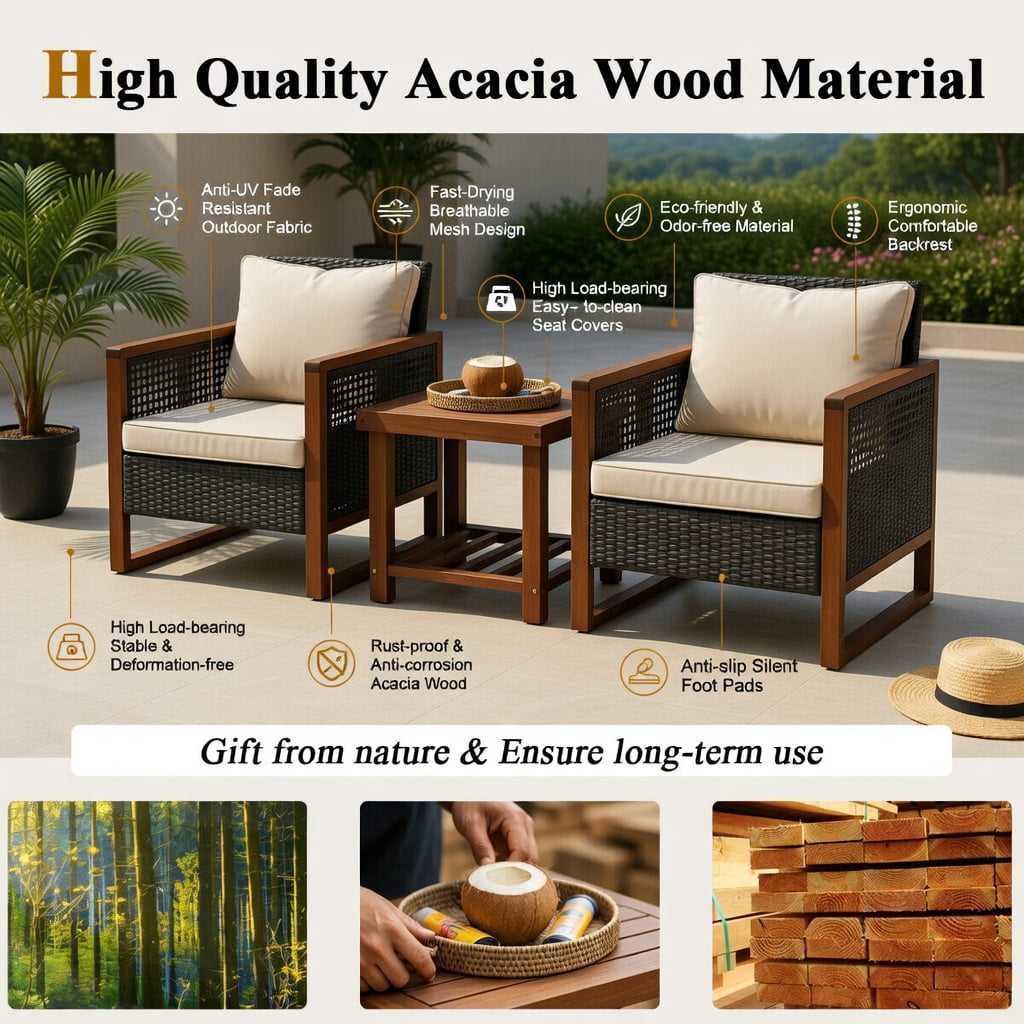 Hommoo 3-Piece Outdoor Wicker Patio Furniture Set with Washable Cushions, Acacia Wood Coffee Table, Modern Backyard Seating for Balcony, Garden & Deck, Beige