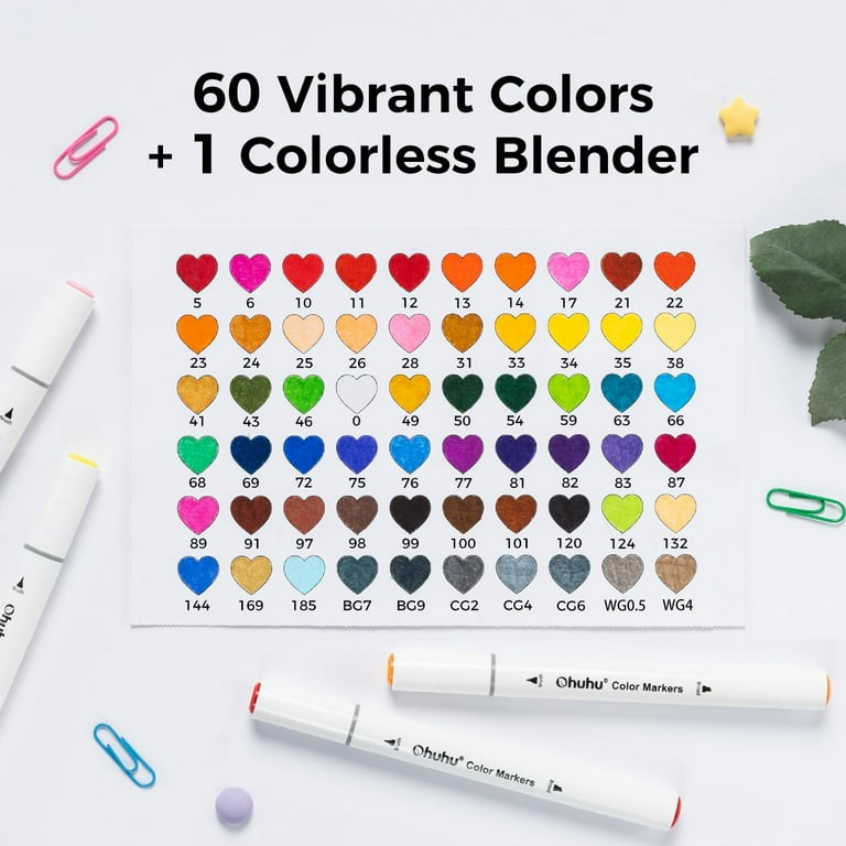 Ohuhu 60-Color Water-Based Markers, Dual Tip Brush & Chisel, No