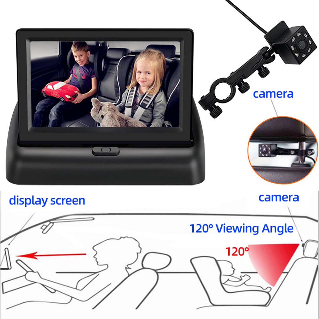 Safety Baby Car Mirror 4.3" HD Night Vision Display Safety Car Seat Mirror Camera Monitored Mirror for Cars, SUV/MPVs, Trucks, RVs