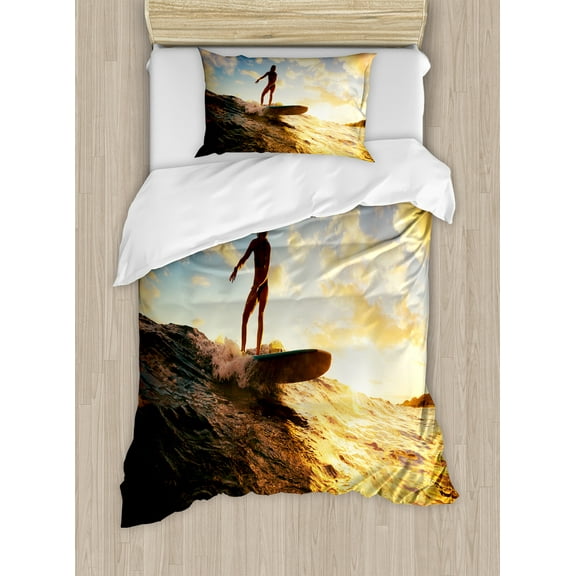 Ride the Wave Duvet Cover Set, Sunset Surf in the Ocean Young Woman Under Dramatic Sky Exotic Hobby Image, Decorative 2 Piece Bedding Set with 1 Pillow Shams, Twin Size, Sepia Blue, by Ambesonne