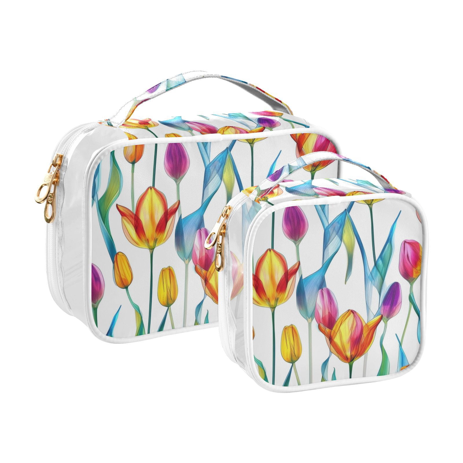 Clear Makeup Bags with Handle Large Opening 2 Pack Set Toiletry Bag Quart Size Bag, for Women Man Traveling Travel Essentials, Toiletries and Other. Tulipa Blue Leaf