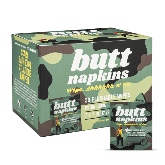 Hunting Butt Napkins, 30 Individually Wrapped, Water-Based Flushable Wipes, Unscented