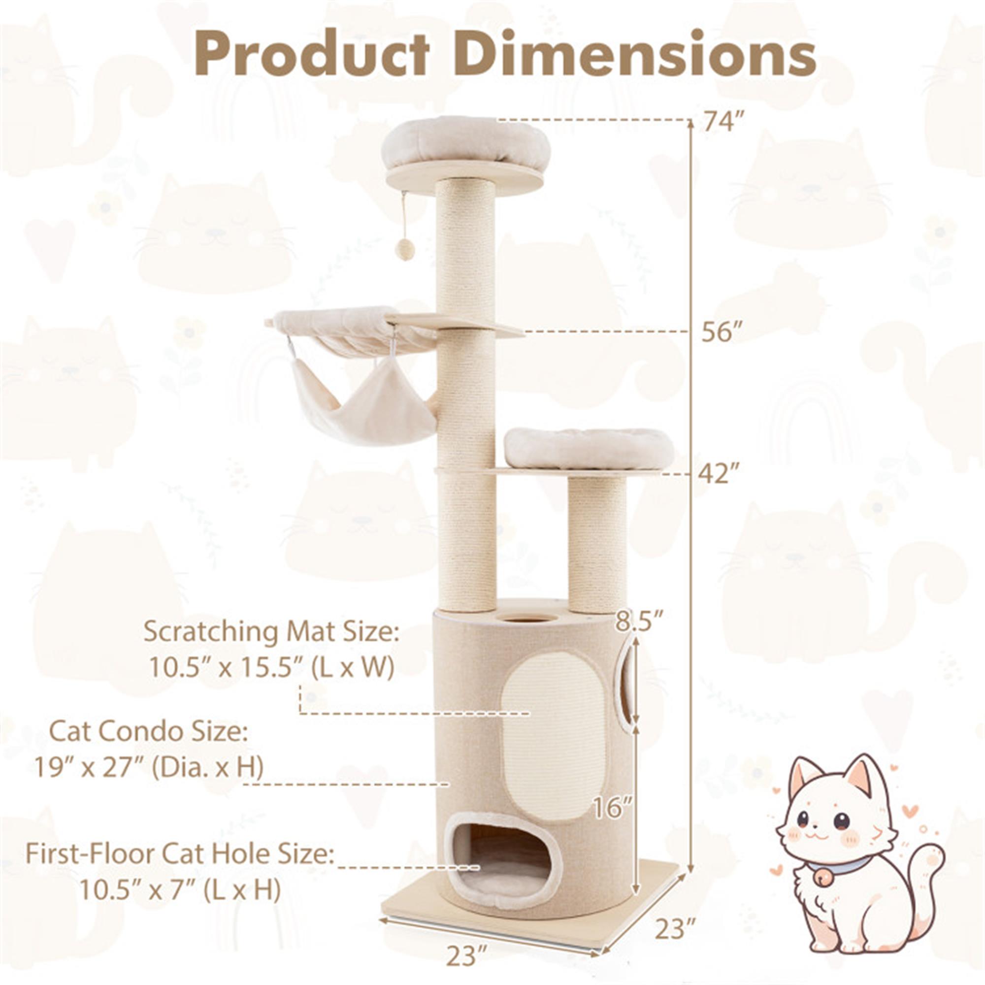 Kadyn 74" Cat Tree with Scratching Post, Cat Tower with 2 Stoery Cat Condo and Top Perch, Multi-Platform Cat Tree House, Beige