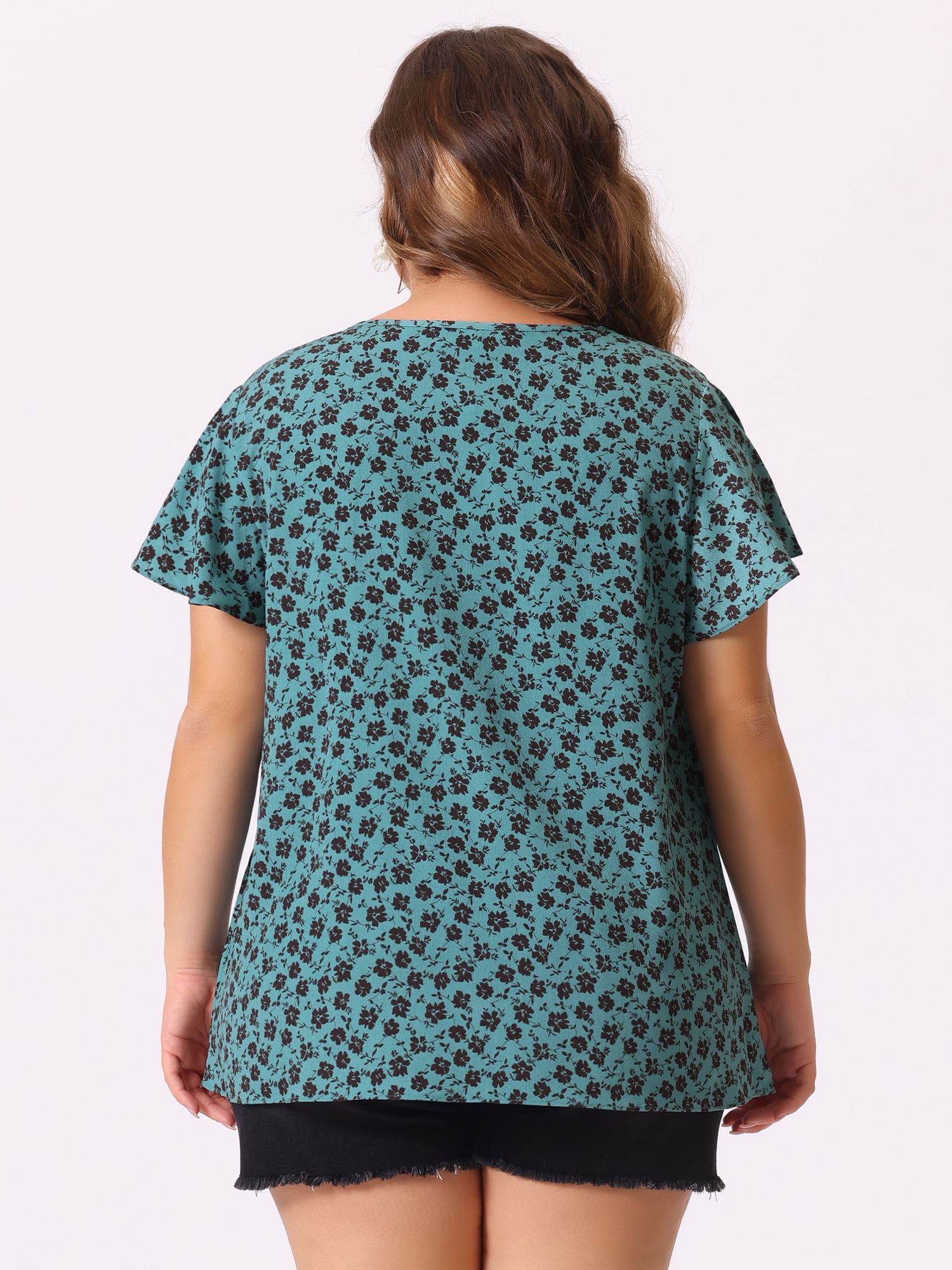 DARING DIVA Women's Plus Ruffle Short Sleeve Keyhole Chiffon Blouse 3X Blue Green