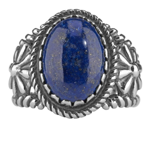 Sterling Silver Lapis Lazuli Gemstone Concha Flower Ring, Sizes 5 to 10