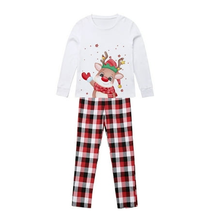 

Amuver Christmas Pajamas for Family Long Sleeve Cartoon Deer Print Tops + Plaid Pants Set