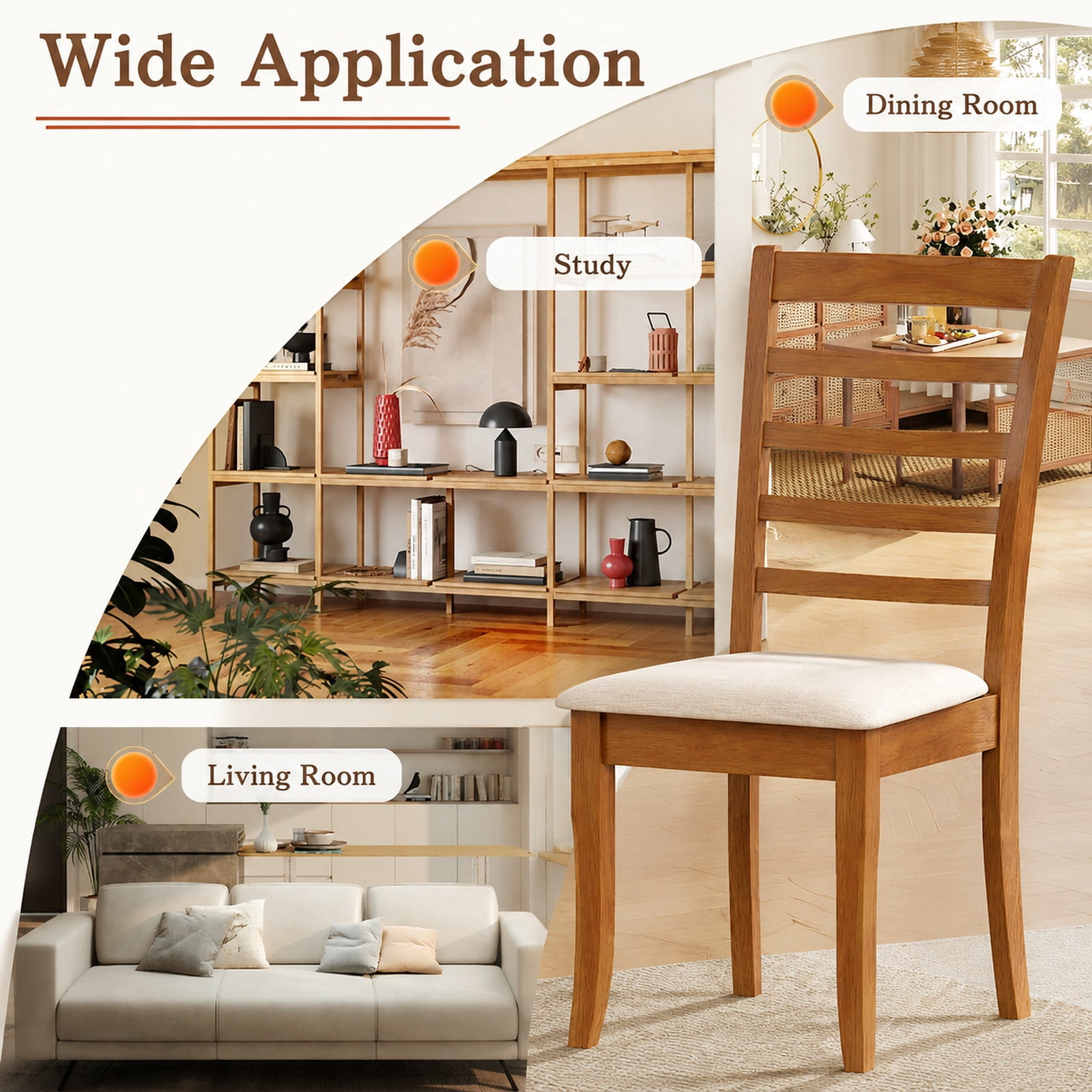 Furnibear Modern Wooden Dining Chairs Set of 2 Upholstered Kitchen Chair with Rubber Wood Frame and Padded Fabric Seat, Beige