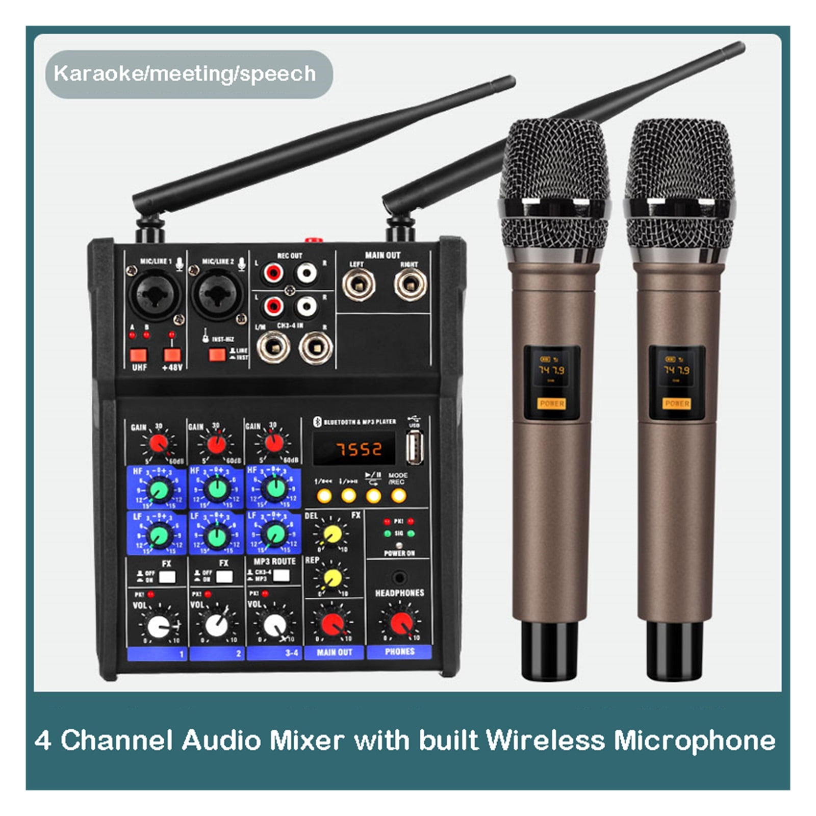 Audio DJ Mixer 4 Channels Console Wireless Microphone Sound Recording Table Professional Audio Mixing Console ,Easy to Operate