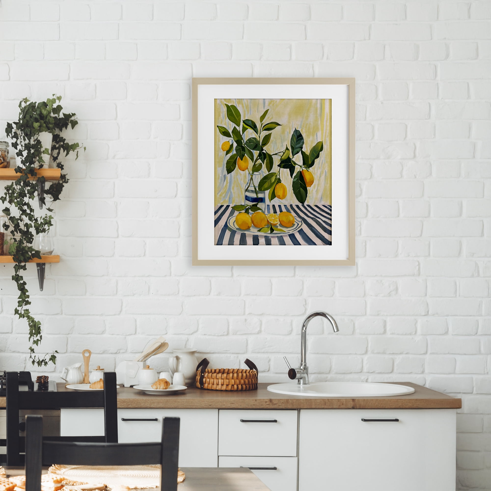 Stupell Industries Lemons on Striped Tablecloth Birch Framed Print Under Glass, design by Yen