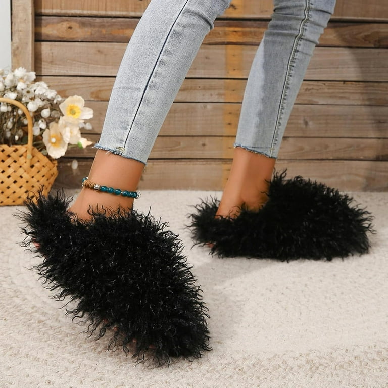 KAQ Unisex Fuzzy Faux Fur Slippers, Women's Fluffy Long Hair Sheep