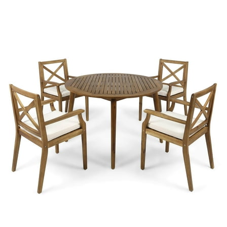 GDF Studio Lemyra Outdoor Acacia Wood 5 Piece Dining Set with Cushions, Teak and Cream