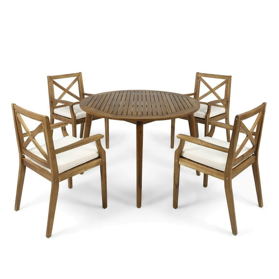 GDF Studio Lemyra Outdoor Acacia Wood 5 Piece Dining Set with Cushions, Teak and Cream