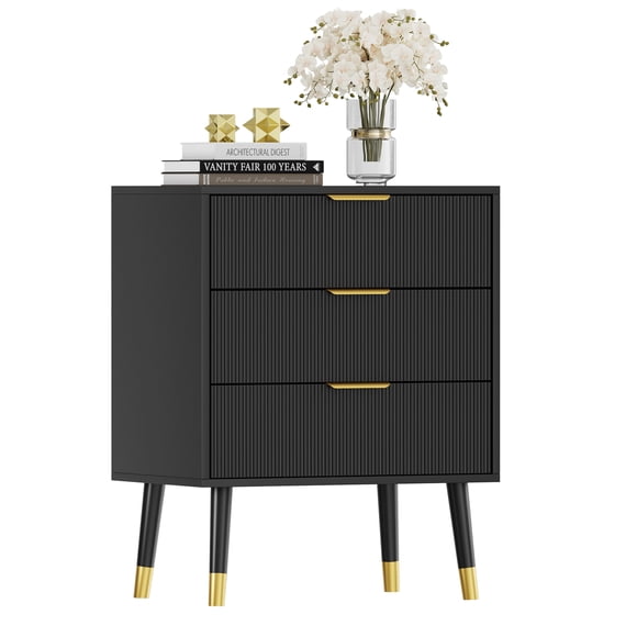 Modern Minimalist Entryway Storage Cabinet – 3 Drawer Dresser – Deep Wooden Drawers, Wide Top, Metal Handles & Legs – Bedroom Bedside Table or Hallway Chest – Black