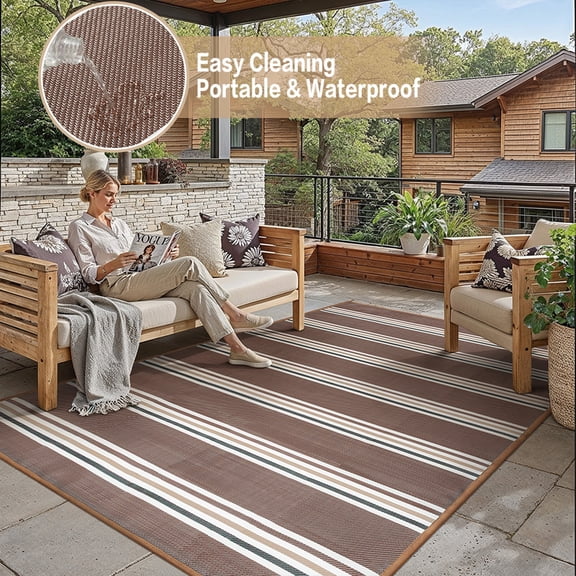 BERTHMEER Outdoor Rugs 5'x8' on Clearance Waterproof Plastic Reversible Patio Rugs Modern Geometric Stripes Lightweight Straw Carpets for RV Camping Deck Balcony Porch,Brown Coffee Color Multi-color