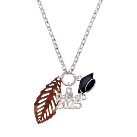Delight Jewelry Acrylic Medium Leaf Pearly Brown - Silver-tone Class of 2025 Graduation Zoey Necklace, 28"