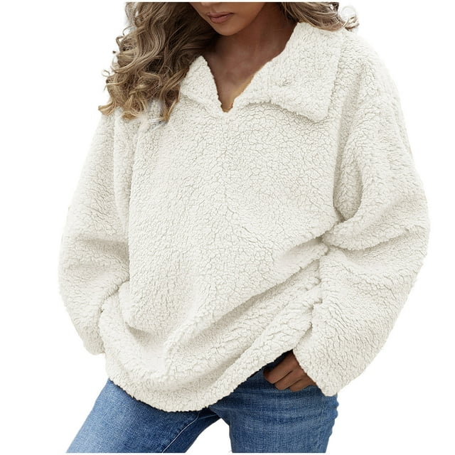 chaquetas para mujer, abrigo de piel sintética cálido para mujer, sudaderas, ropa de abrigo sólida con cuello en v de invierno odeerbi odb-3 Sudadera larga blanca de poliéster con cuello en V, vista frontal 3/4 y corte holgado, mangas largas y textura tipo borrego sintético; ideal para uso diario e informal y a menudo usada como capa cómoda para viajes o descanso.