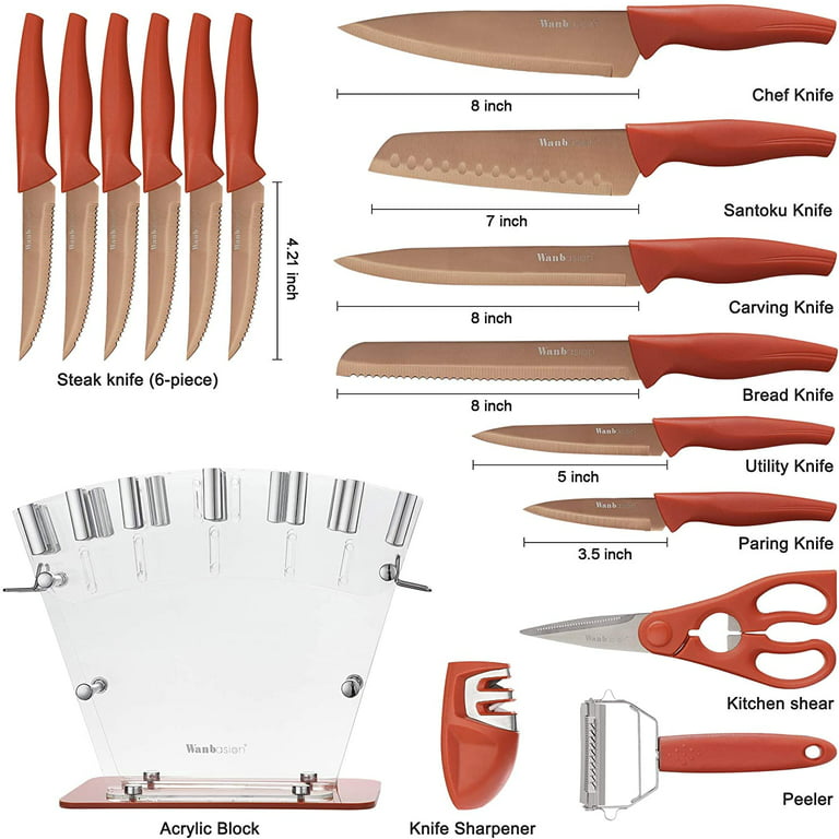 Orange 16 Pieces Kitchen Knife Set Dishwasher Safe, Professional Chef  Kitchen Knife Set, Kitchen Knife Set Stainless Steel with Knife Sharpener  Peeler Scissors Acrylic Block 